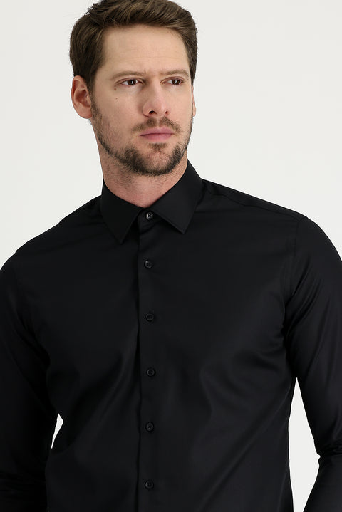 Siyah Uzun Kol Slim Fit Dar Kesim Non Iron Saten Pamuklu Gömlek