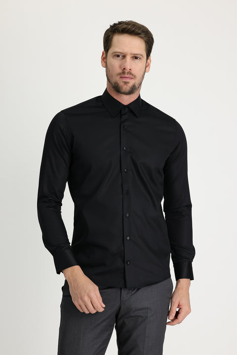 Siyah Uzun Kol Slim Fit Dar Kesim Non Iron Saten Pamuklu Gömlek