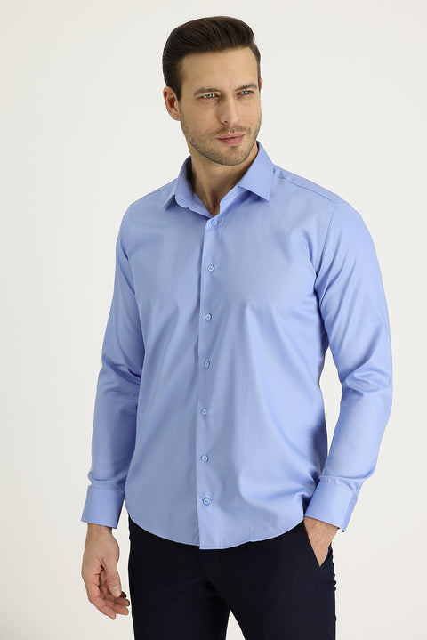 Açık Mavi Uzun Kol Slim Fit Dar Kesim Non Iron Saten Pamuklu Gömlek
