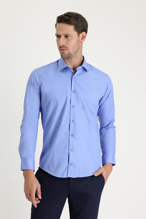 Aqua Mavisi Uzun Kol Slim Fit Dar Kesim Gömlek