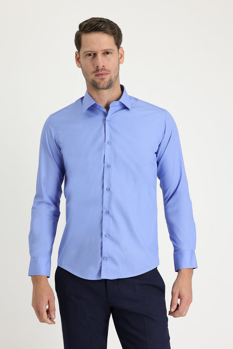 Aqua Mavisi Uzun Kol Slim Fit Dar Kesim Gömlek