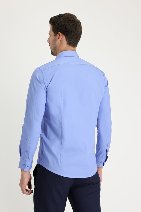 Aqua Mavisi Uzun Kol Slim Fit Dar Kesim Gömlek
