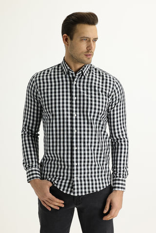  Siyah Uzun Kol Slim Fit Dar Kesim Kareli Pamuklu Gömlek