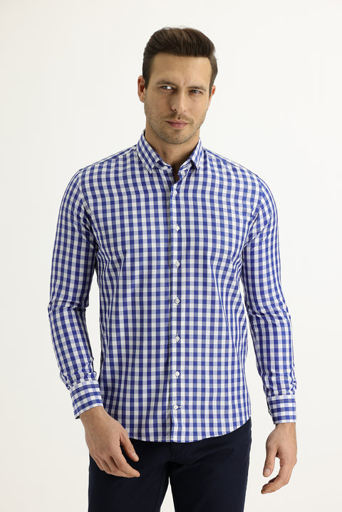 Orta Lacivert Uzun Kol Slim Fit Dar Kesim Kareli Gömlek