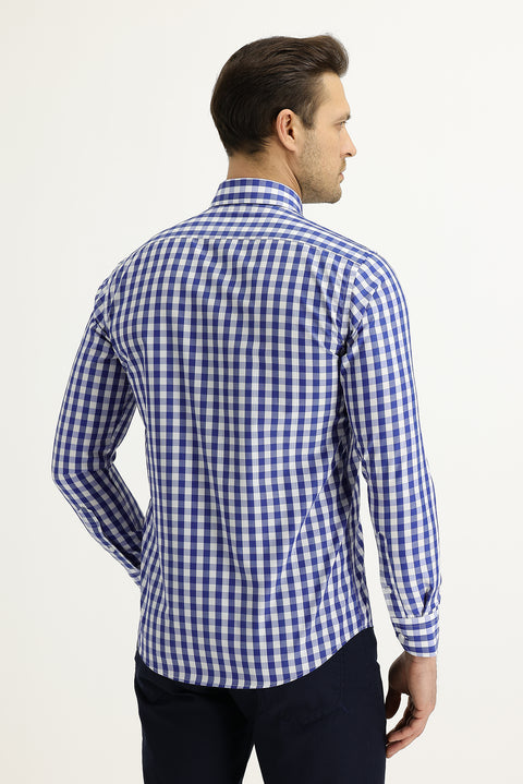 Orta Lacivert Uzun Kol Slim Fit Dar Kesim Kareli Gömlek