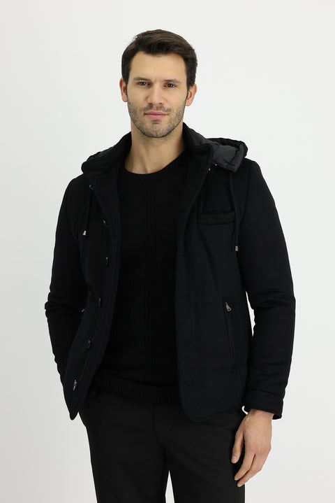 Black Wool Hooded Sport Jacket