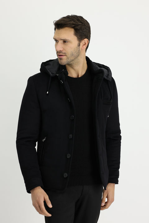 Black Wool Hooded Sport Jacket