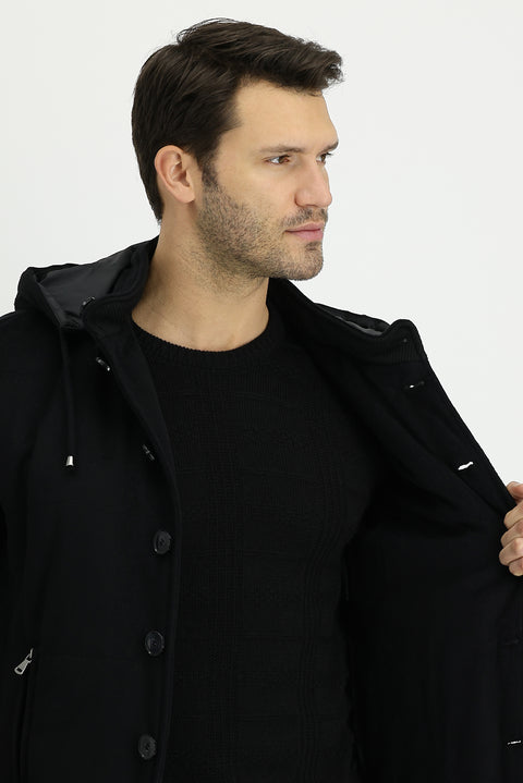 Black Wool Hooded Sport Jacket