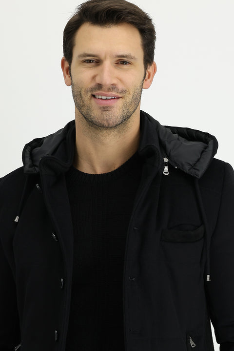 Black Wool Hooded Sport Jacket