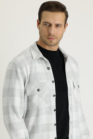  Açık Gri Slim Fit Dar Kesim Ekose Shacket Gömlek / Mont