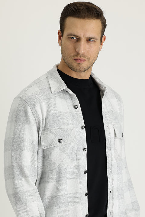 Açık Gri Slim Fit Dar Kesim Ekose Shacket Gömlek / Mont