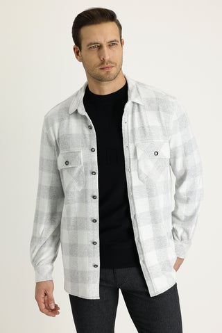  Açık Gri Slim Fit Dar Kesim Ekose Shacket Gömlek / Mont