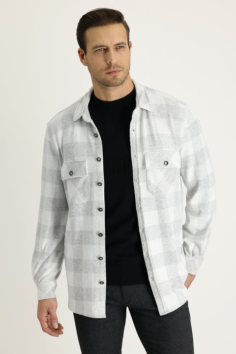 Açık Gri Slim Fit Dar Kesim Ekose Shacket Gömlek / Mont