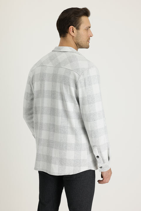 Açık Gri Slim Fit Dar Kesim Ekose Shacket Gömlek / Mont