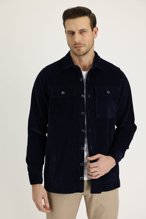 Orta Lacivert Slim Fit Dar Kesim Shacket Pamuk Gömlek / Pamuk Mont