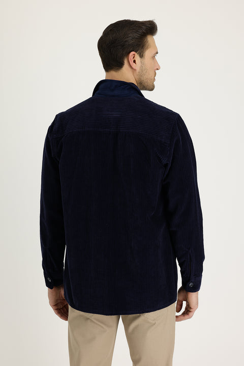 Orta Lacivert Slim Fit Dar Kesim Shacket Pamuk Gömlek / Pamuk Mont