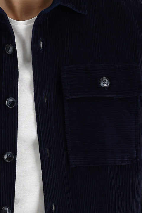 Orta Lacivert Slim Fit Dar Kesim Shacket Pamuk Gömlek / Pamuk Mont