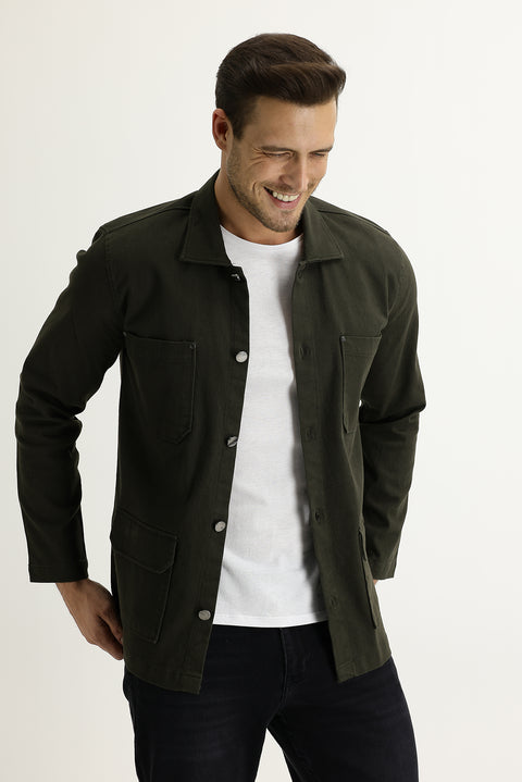Asker Haki Slim Fit Dar Kesim Shacket Gömlek / Mont