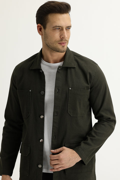 Asker Haki Slim Fit Dar Kesim Shacket Gömlek / Mont