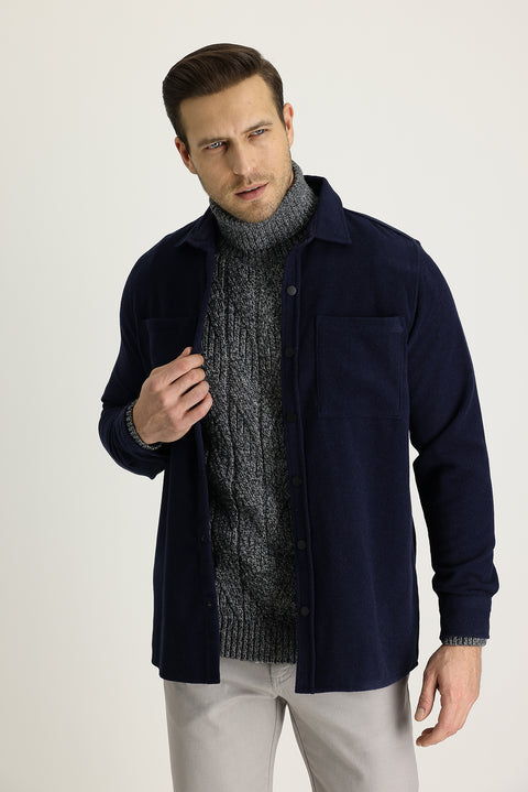 Koyu Lacivert Slim Fit Dar Kesim Shacket Gömlek / Mont