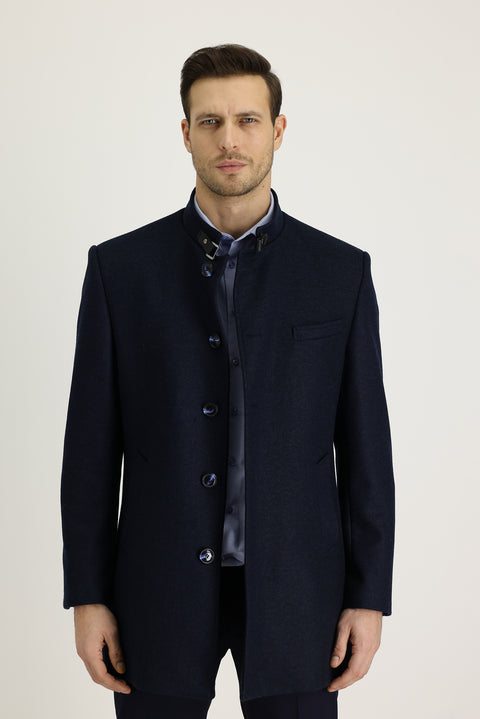 Koyu Lacivert Slim Fit Dar Kesim Yünlü Kaban