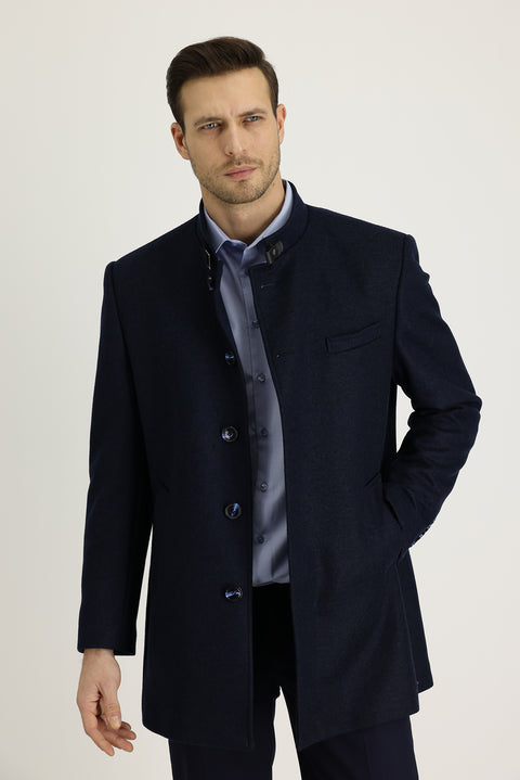 Koyu Lacivert Slim Fit Dar Kesim Yünlü Kaban