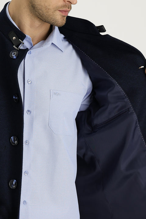 Koyu Lacivert Slim Fit Dar Kesim Yünlü Kaban