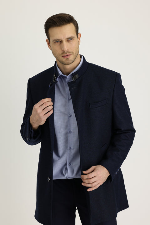 Koyu Lacivert Slim Fit Dar Kesim Yünlü Kaban