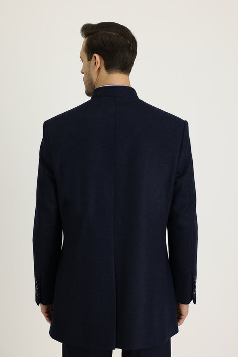 Koyu Lacivert Slim Fit Dar Kesim Yünlü Kaban