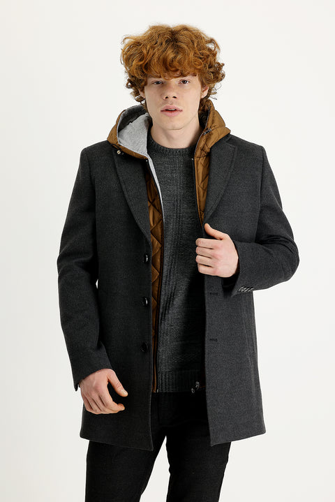 Titanyum Gri Slim Fit Dar Kesim Yelekli Kaban