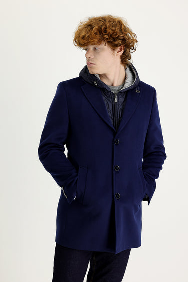 Orta Lacivert Slim Fit Dar Kesim Yelekli Kaban