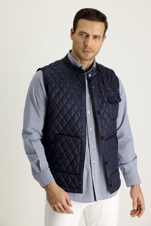 Koyu Lacivert Slim Fit Dar Kesim Kapitone Yelek