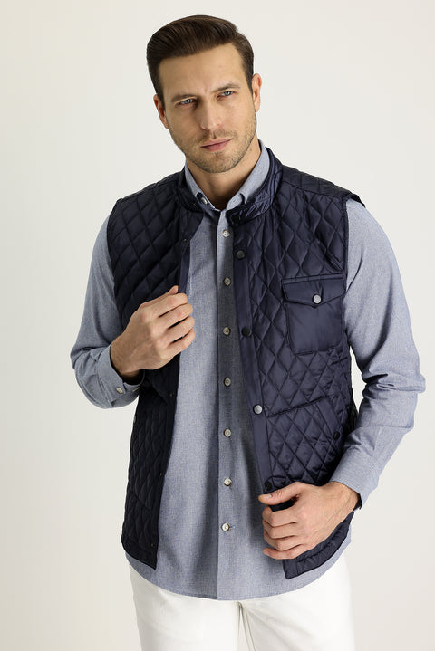 Koyu Lacivert Slim Fit Dar Kesim Kapitone Yelek