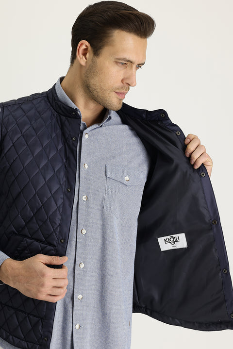 Koyu Lacivert Slim Fit Dar Kesim Kapitone Yelek
