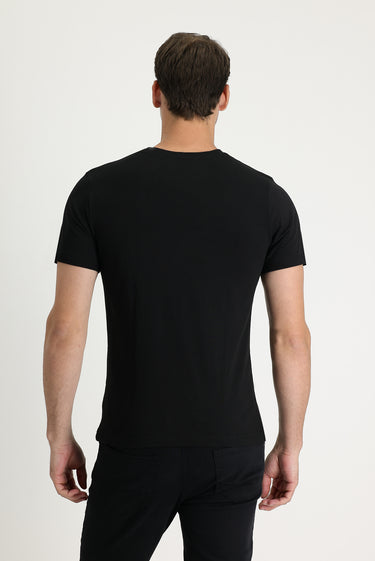 Siyah Bisiklet Yaka Desenli Slim Fit Dar Kesim Tişört