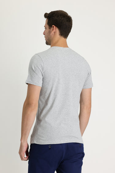 Açık Gri Melanj Bisiklet Yaka Baskılı Slim Fit Dar Kesim Pamuk Tişört