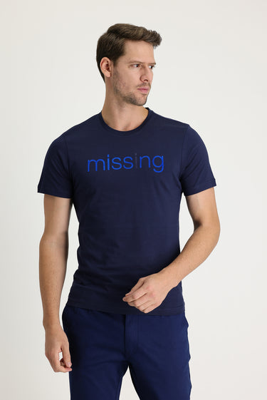 Koyu Lacivert Bisiklet Yaka Baskılı Slim Fit Dar Kesim Pamuk Tişört