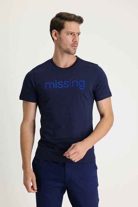 Koyu Lacivert Bisiklet Yaka Baskılı Slim Fit Dar Kesim Pamuk Tişört