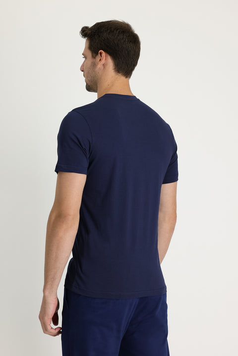 Koyu Lacivert Bisiklet Yaka Baskılı Slim Fit Dar Kesim Pamuk Tişört