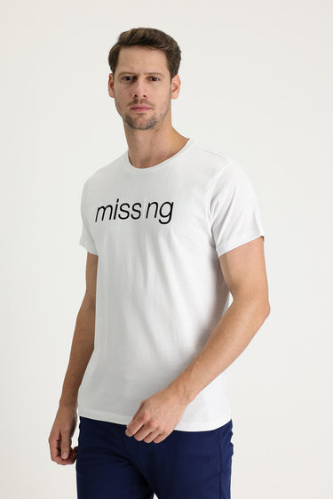  Beyaz Bisiklet Yaka Baskılı Slim Fit Dar Kesim Pamuk Tişört