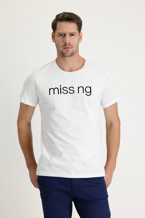 Beyaz Bisiklet Yaka Baskılı Slim Fit Dar Kesim Pamuk Tişört