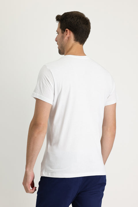 Beyaz Bisiklet Yaka Baskılı Slim Fit Dar Kesim Pamuk Tişört