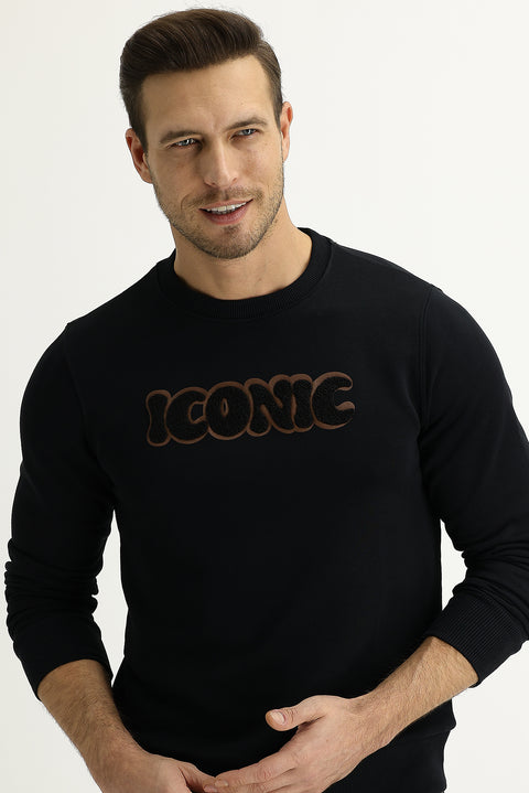 Siyah Bisiklet Yaka Slim Fit Sweatshirt