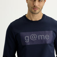 Orta Lacivert Bisiklet Yaka Slim Fit Dar Kesim Baskılı Sweatshirt