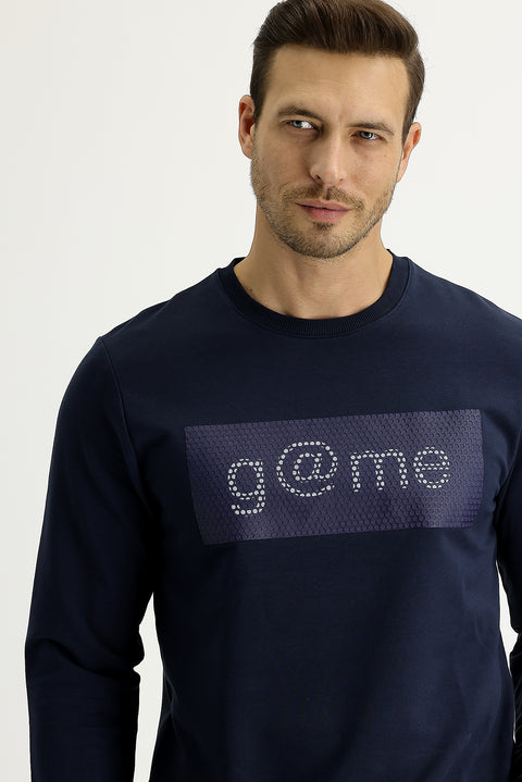 Orta Lacivert Bisiklet Yaka Slim Fit Dar Kesim Baskılı Sweatshirt