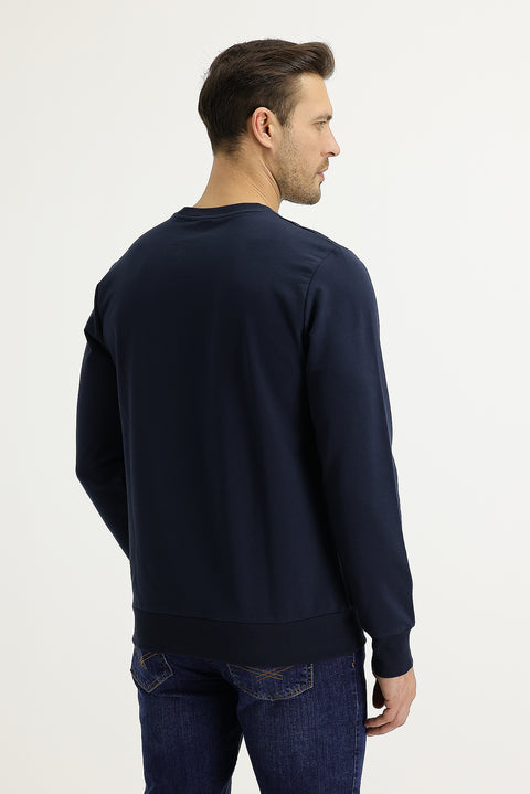 Orta Lacivert Bisiklet Yaka Slim Fit Dar Kesim Baskılı Sweatshirt