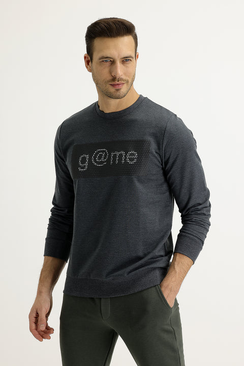 Koyu Antrasit Bisiklet Yaka Slim Fit Dar Kesim Sweatshirt