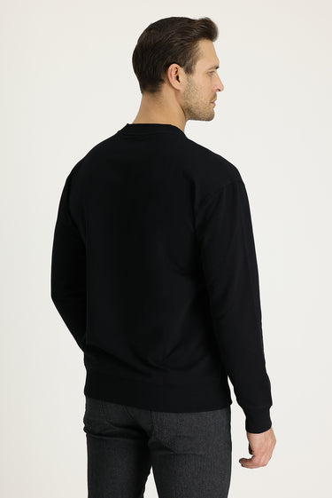 Siyah Bisiklet Yaka Slim Fit Dar Kesim Sweatshirt