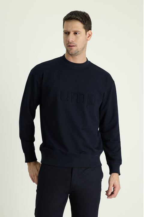 Orta Lacivert Bisiklet Yaka Slim Fit Dar Kesim Baskılı Sweatshirt