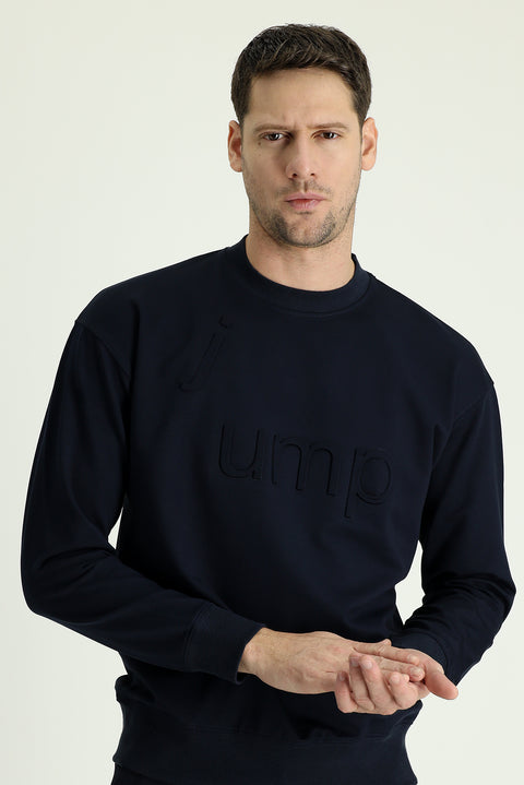 Orta Lacivert Bisiklet Yaka Slim Fit Dar Kesim Baskılı Sweatshirt